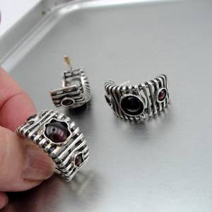 Hadar Designers Handmade Unique Artist J Hoop Silver Garnet Earrings (H) SALE