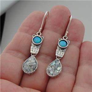 Hadar Designers Handmade Sterling Silver Opal Roman Glass Earrings (as 140060