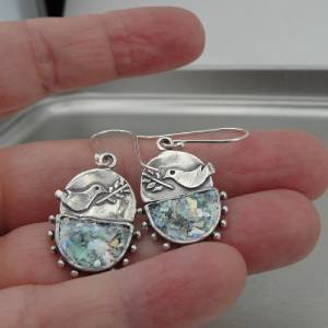 Hadar Designers Handmade Sterling Silver Antique Roman Glass Bird Earrings (as