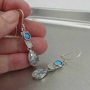 Hadar Designers Handmade Sterling Silver Opal Roman Glass Earrings (as 140060