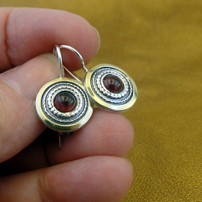 Hadar Designers Red Garnet Earrings Handmade 9k Gold 925 Sterling Silver (ms 1739)