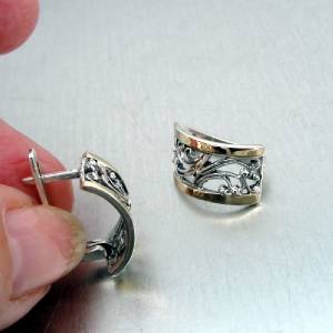 Hadar Designers Filigree French 9k Yellow Gold Sterling Silver J Hoop Earrings (