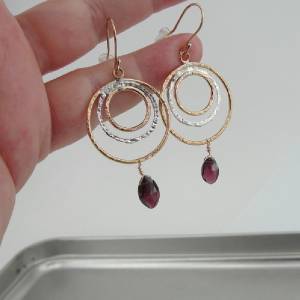 Hadar Designers 14k Gold Fil 925 Sterling Silver Red Garnet Hoop Earrings ()SALE