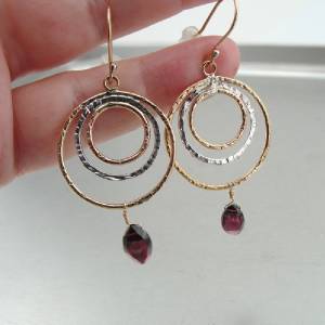 Hadar Designers 14k Gold Fil 925 Sterling Silver Red Garnet Hoop Earrings ()SALE