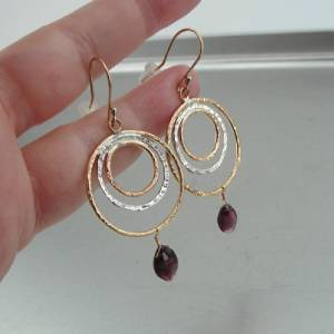 Hadar Designers 14k Gold Fil 925 Sterling Silver Red Garnet Hoop Earrings ()SALE