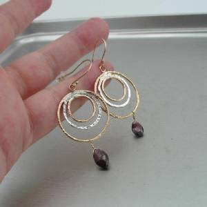 Hadar Designers 14k Gold Fil 925 Sterling Silver Red Garnet Hoop Earrings ()SALE