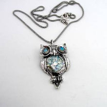 Load image into Gallery viewer, Hadar Designers Sterling Silver Roman Glass Opal Owl Pendant Handmade (as 508012