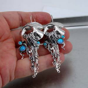 Hadar Designers Long 925 Sterling Silver Blue Opal Earrings Handmade Unique (H)
