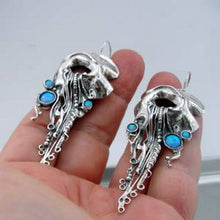 Load image into Gallery viewer, Hadar Designers Long 925 Sterling Silver Blue Opal Earrings Handmade Unique (H)