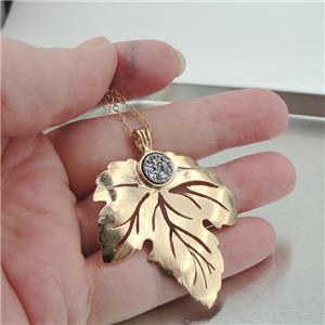 Hadar Designers Handmade Yellow Gold pl 925 Silver Druzi Leaf Pendant (V) SALE