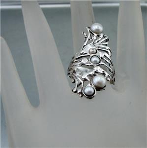 Hadar Designers Sterling Silver Pearl Peacock Ring  6,7,8,9,10 Handmade (H 1588