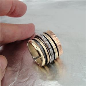 Hadar Designers Swivel 9k Yellow Gold Sterling Silver Zircon Ring 7,8,9,(I r813