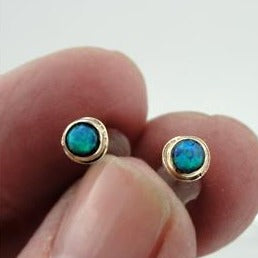 Hadar Designers Handmade 9k/14k Yellow Gold 5mm Blue Opal Stud Earrings (I e118)