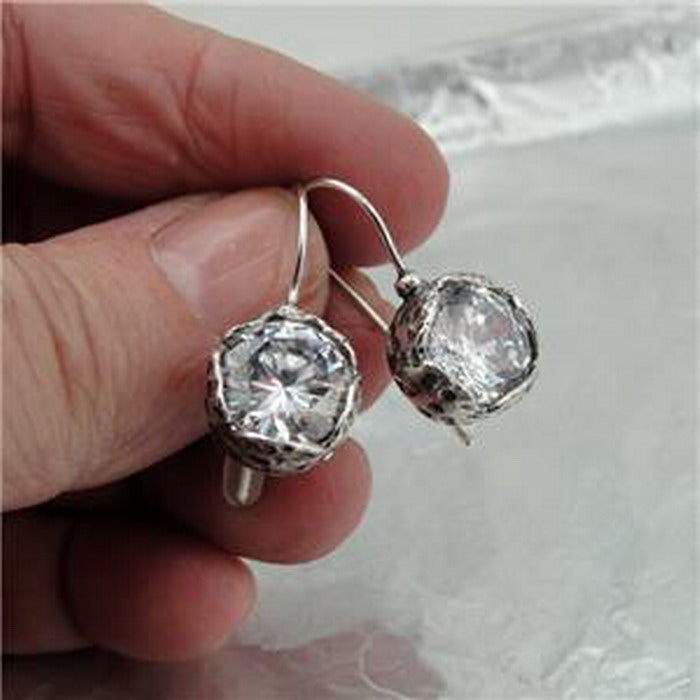 Hadar Designers Sparkling White Zircon Earrings Handmade 925 Sterling Silver (AS