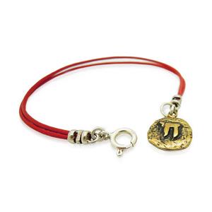 Hadar Designers Yng Leather bracelet brass charm, Ancient Hebrew script Chai (as
