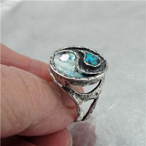 Hadar Designers Handmade 925 Silver Roman Glass Opal YIN YANG Ring 6,7,8,9 (As