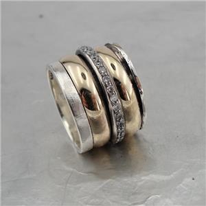Hadar Designer Swivel 9k Yellow Gold Sterling Silver Zircon Ring 7,8,9,10(I r827