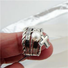 Load image into Gallery viewer, Hadar Designers 925 Sterling Silver Cross Pearl Ring size 7.5,8 Handmade () SALE