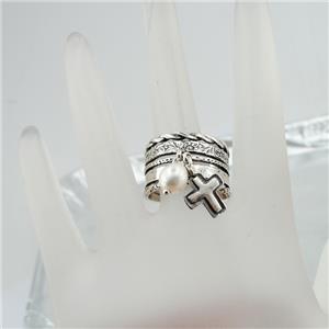 Hadar Designers 925 Sterling Silver Cross Pearl Ring size 7.5,8 Handmade () SALE