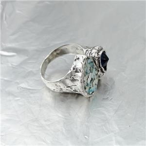 Hadar Designers Handmade 925 Silver Roman Glass Blue Sapphire CZ Ring 6,7,8,9(as