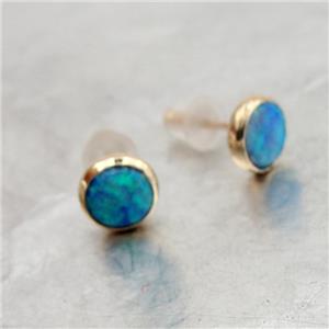 Hadar Designer Handmade 9k Yellow Gold 6mm Round Blue Opal Stud Earrings (I e83