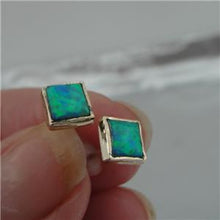 Load image into Gallery viewer, Hadar Designers Handmade 9k Yellow gold 5mm Square Blue Opal Earrings (I e96)