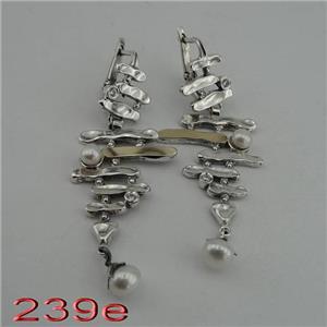 Hadar Designers  9k Yellow Gold Sterling Silver Pearl CZ Earrings Handmade (Ms