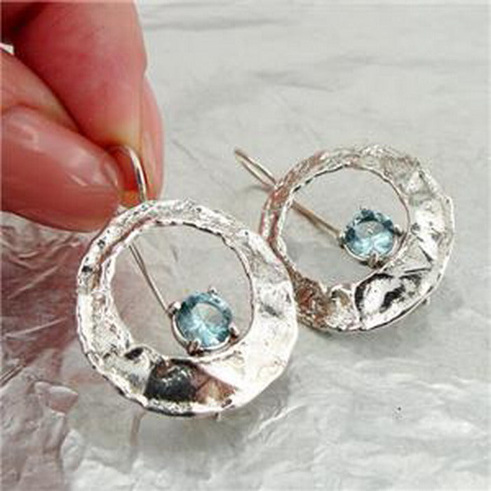 Hadar Designers Handmade Sterling Silver Blue Topaz Zircon CZ Earrings (S) SALE