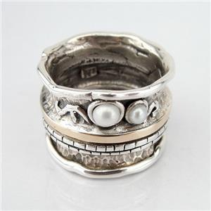 Hadar Designers White Pearl Ring sz 7,8,9,10 Handmade 9k Yellow Gold 925 Silver 