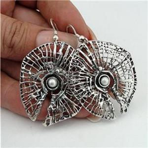 Hadar Designers 925 Sterling Silver Net Pearl Earrings Handmade Drop Dangle (H)