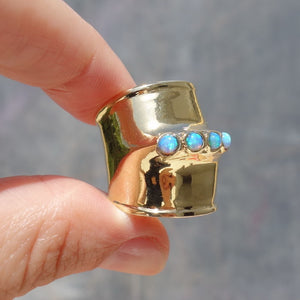 Hadar Designers 14k Yellow Gold Blue Opal Wide Ring size 6,7,8,9 Handmade (H)