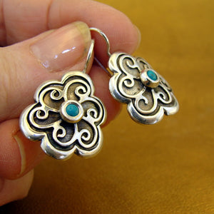 Hadar Designers Floral 925 Sterling Silver Turquoise Earrings Handmade () LAST