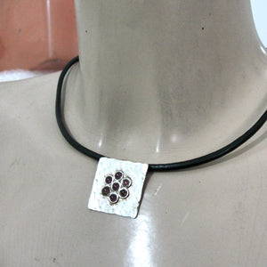 Hadar Designers Floral Garnet Pendant Black Leather Sterling Silver Handmade(H)y