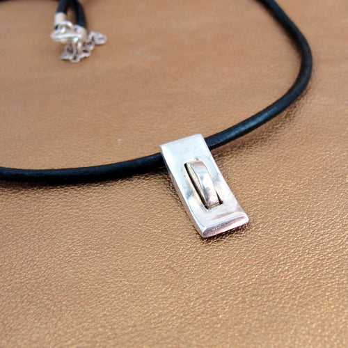 Hadar Designers Black Leather 925 Sterling Silver Pendant Smart Handmade (H)y