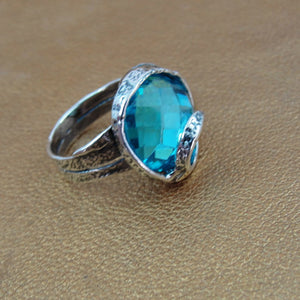 Blue Topaz Ring  9k Yellow Gold 925 Silver  6,7,8,9 Handmade Hadar Designers (Si)Y