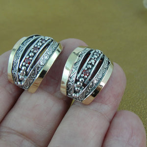 Hadar Designers J Hoop Earrings 9k Yellow Gold Sterling Silver Red Zircon (Si)Y