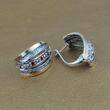 Load image into Gallery viewer, Hadar Designers J Hoop Earrings 9k Yellow Gold Sterling Silver Red Zircon (Si)Y