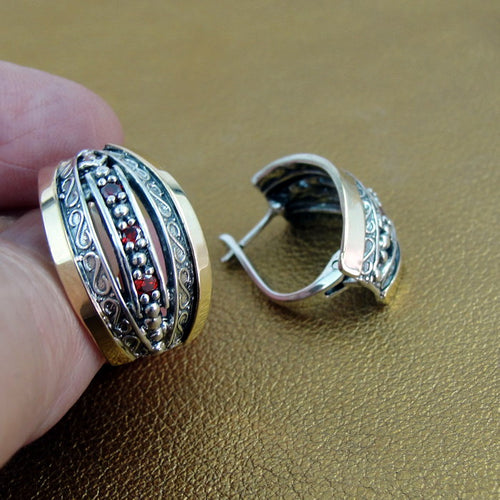 Hadar Designers J Hoop Earrings 9k Yellow Gold Sterling Silver Red Zircon (Si)Y