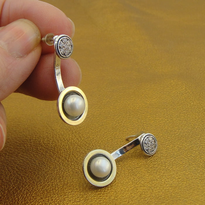 Hadar Designers 9k Yellow Gold Sterling Silver Pearl Zircon Stud Earrings (MS) Y