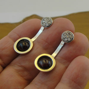 Hadar Designers 9k Yellow Gold Sterling Silver Garnet Zircon Stud Earrings (MS)
