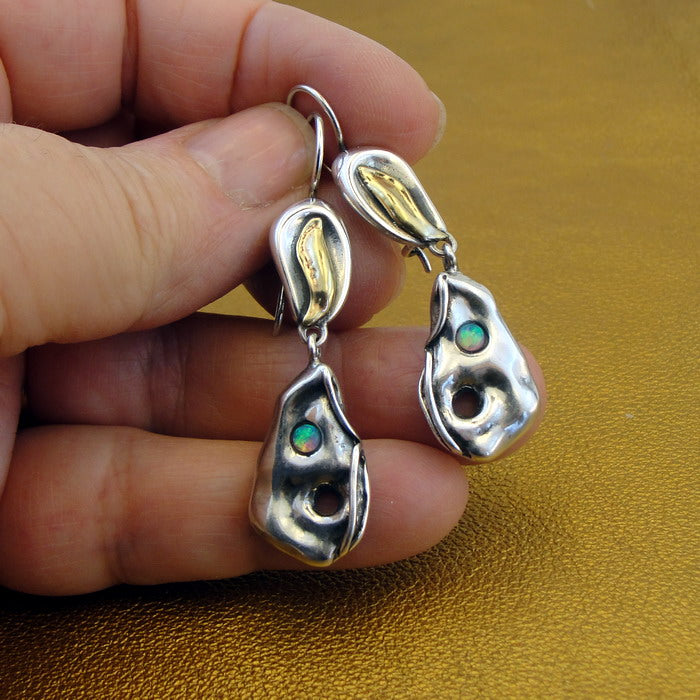 Hadar Designers Opal Earrings 9k Yellow Gold 925 Silver Handmade Artistic (MS) y