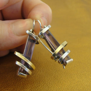 Hadar Designers Gift Handmade 9k Yellow Gold 925 Silver Amethyst CZ Earrings (MS 673