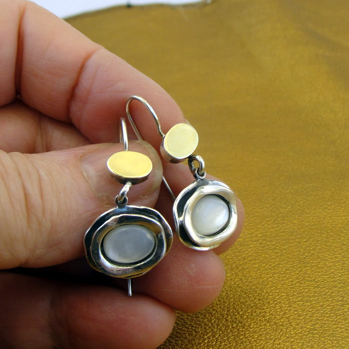 Hadar Designers 9k Yellow Gold Sterling Silver MOP Pearl Earrings Handmade (MS)y