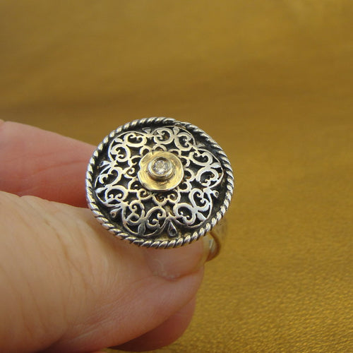 Zircon Ring 9k Yellow Gold 925 Silver Filigree  6.5,7 Handmade Hadar Designers ()Y