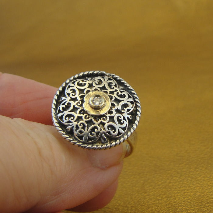 Zircon Ring 9k Yellow Gold 925 Silver Filigree  6.5,7 Handmade Hadar Designers ()Y