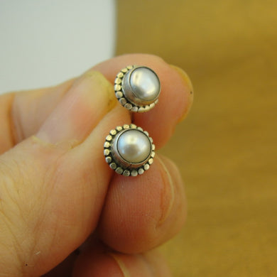 Hadar Designers Handmade Sterling Silver Real White Pearl Stud Earrings (H