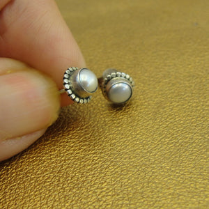 Hadar Designers Handmade Sterling Silver Real White Pearl Stud Earrings (H