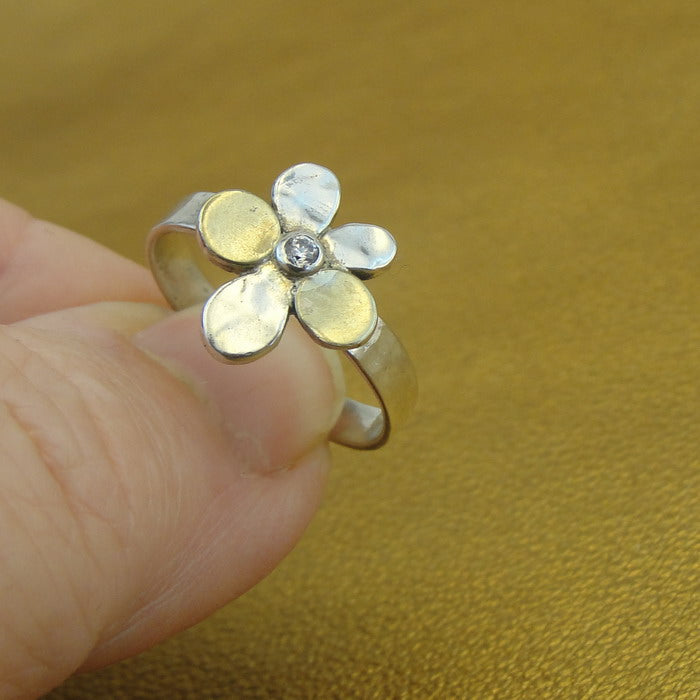 Hadar Designers Yellow Gold 925 Silver Zircon Floral Ring 6,7,8,9 Handmade (MS)y