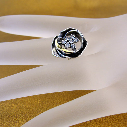 Hadar Designers 9k Yellow Gold White Zircon Ring 925 Silver 6,7,8,9 Handmade(MS