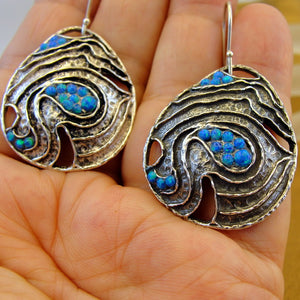 Hadar Designers 925 Sterling Silver Blue Opal Earrings Handmade Dangle (AS)
